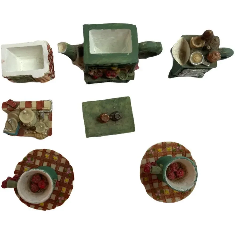Vintage 7PC Dollhouse Ceramic Kitchen Accessories Cup & Saucer Tea Pot